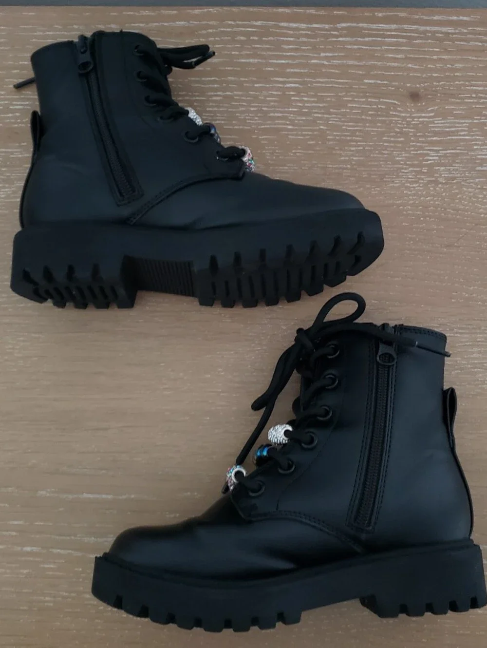 Girls Black Lace-Up Combat Boots with Decorative Beads